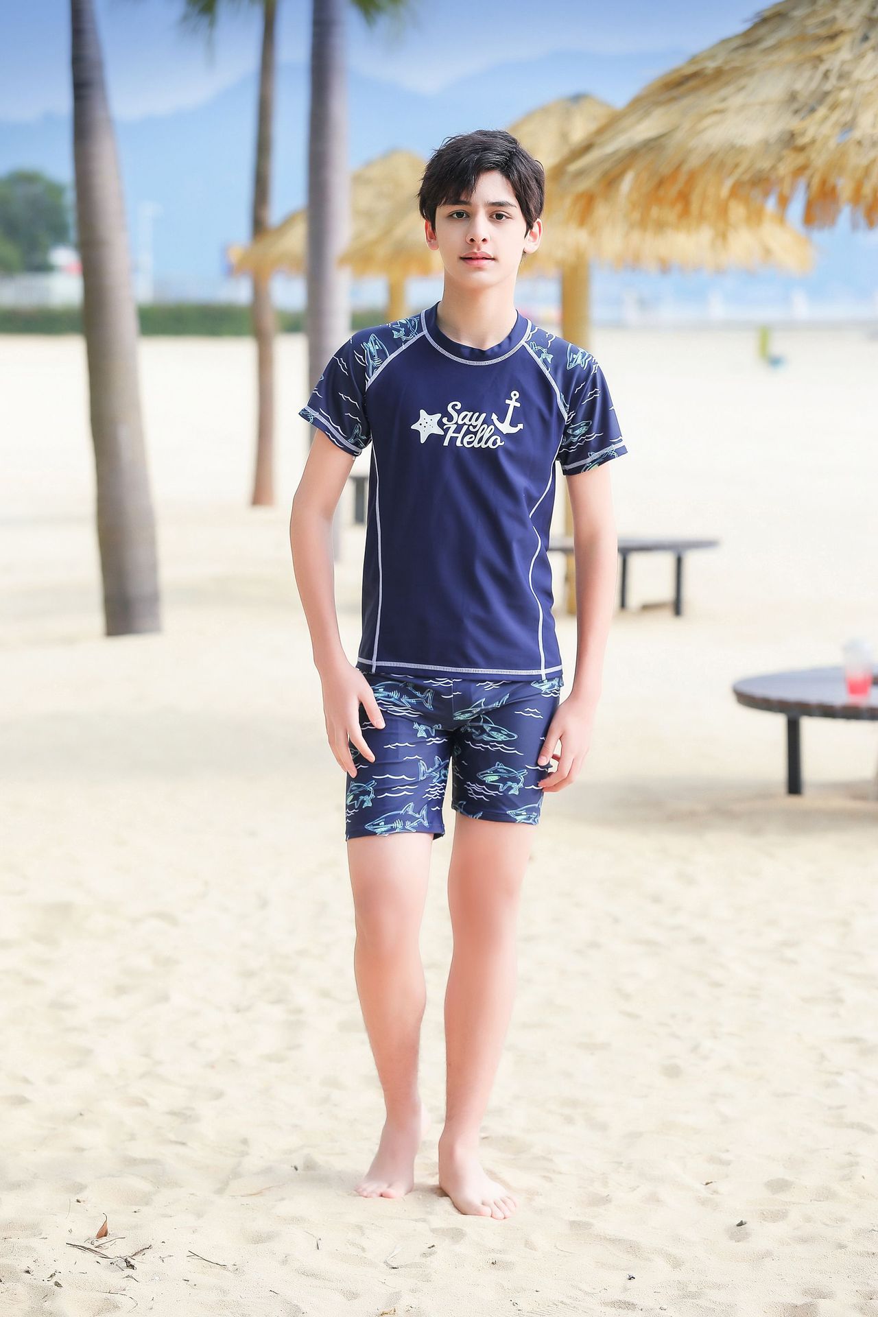 大童男孩短袖泳衣套裝(二件組)-星星船錨-淺藍色-泳衣、泳褲