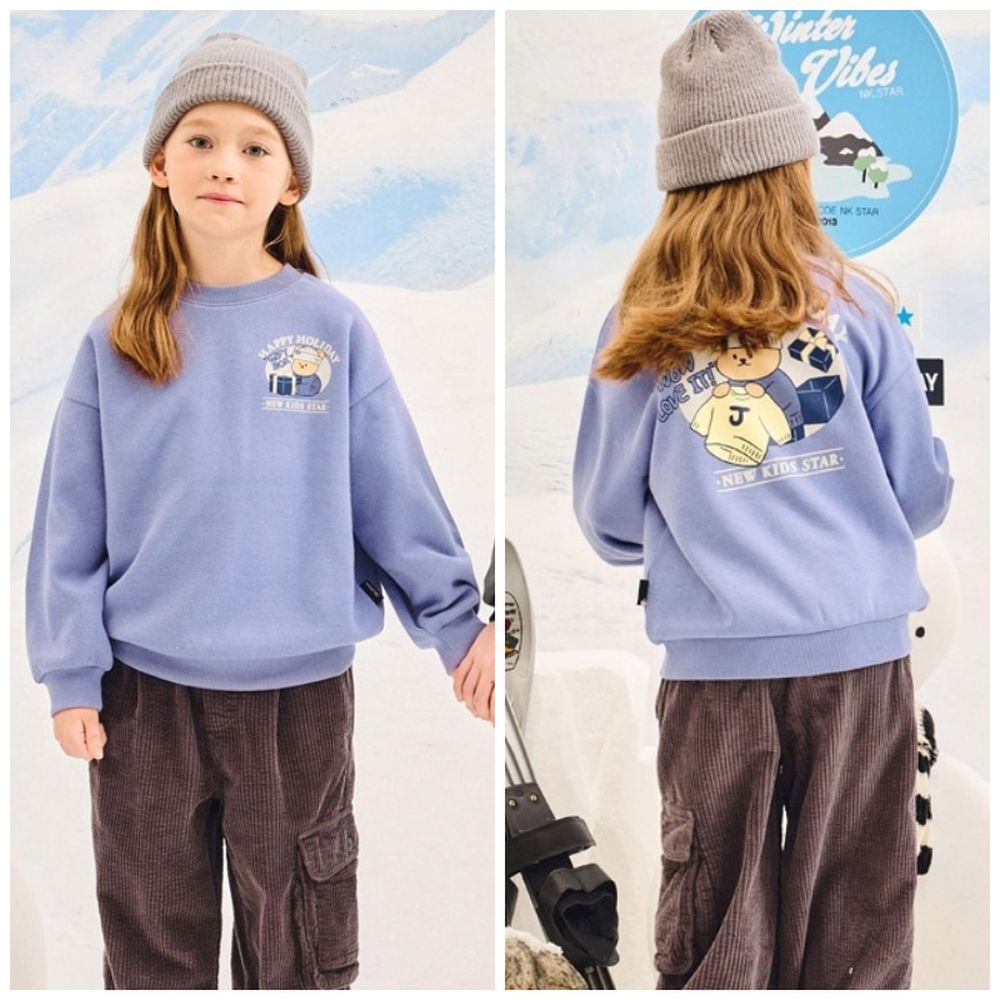 禮物盒熊熊圖案內刷毛長袖大學T-藍紫