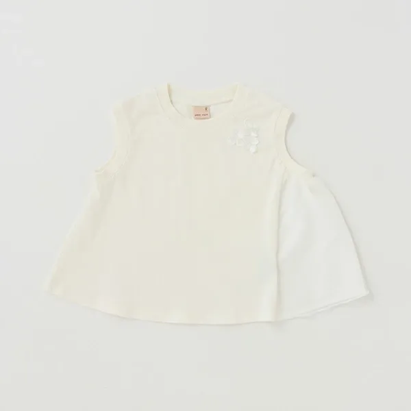 日本 petit main - 小花薄紗拼接A line無袖上衣-淺綠