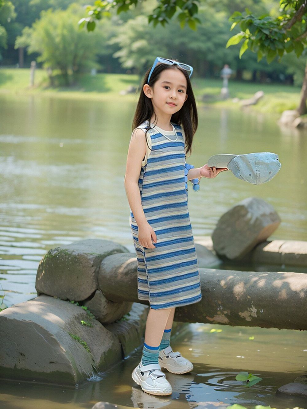 純棉休閒圓領無袖洋裝-條紋-藍色