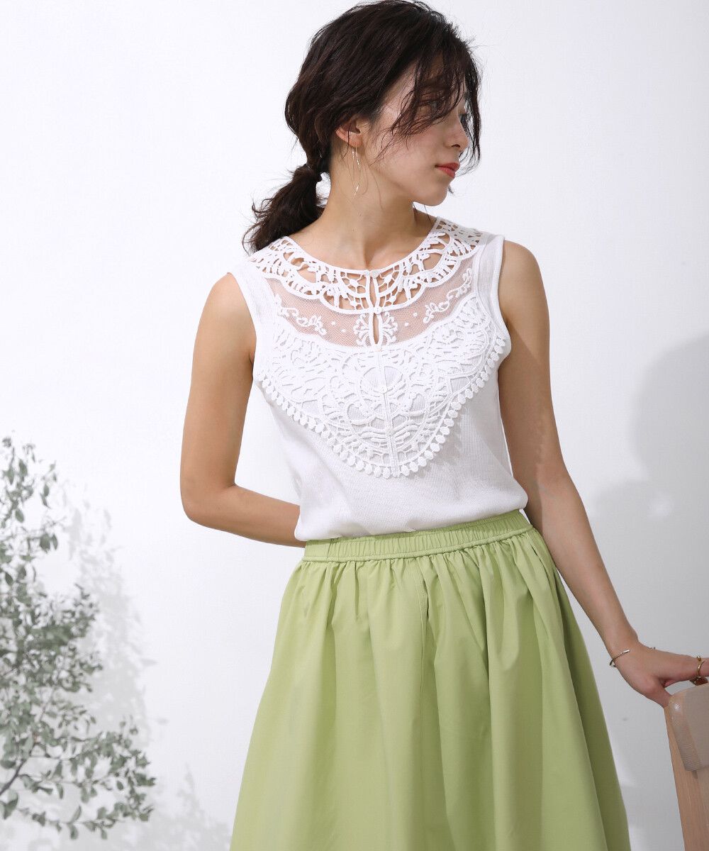 日本 Bab - 蕾絲拼接無袖上衣/大內搭背心-白