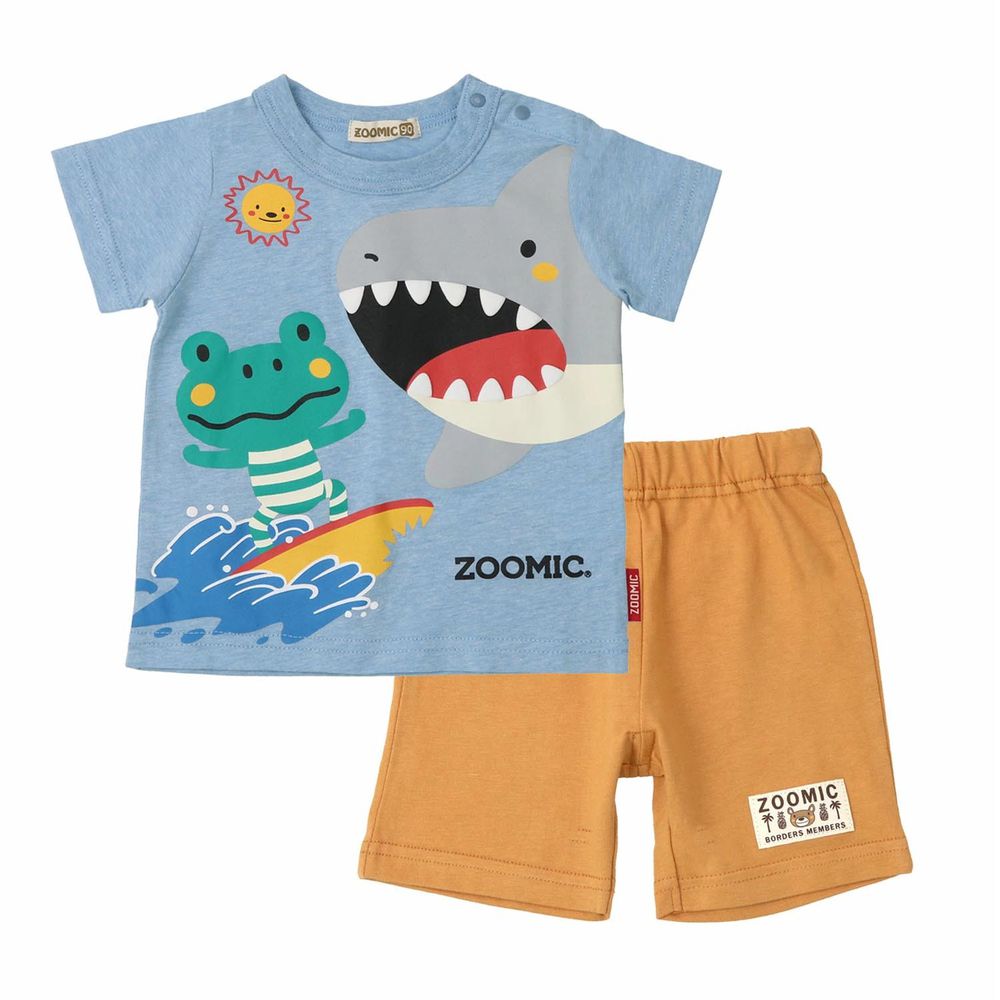 日本 ZOOLAND - 童趣印花短袖上衣X短褲套裝-青蛙衝浪-藍x橘