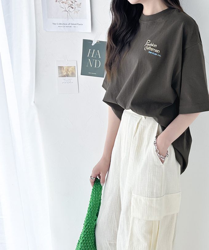 日本 Classical Elf - 100%棉 胸前logo點綴短袖上衣-黑白條紋