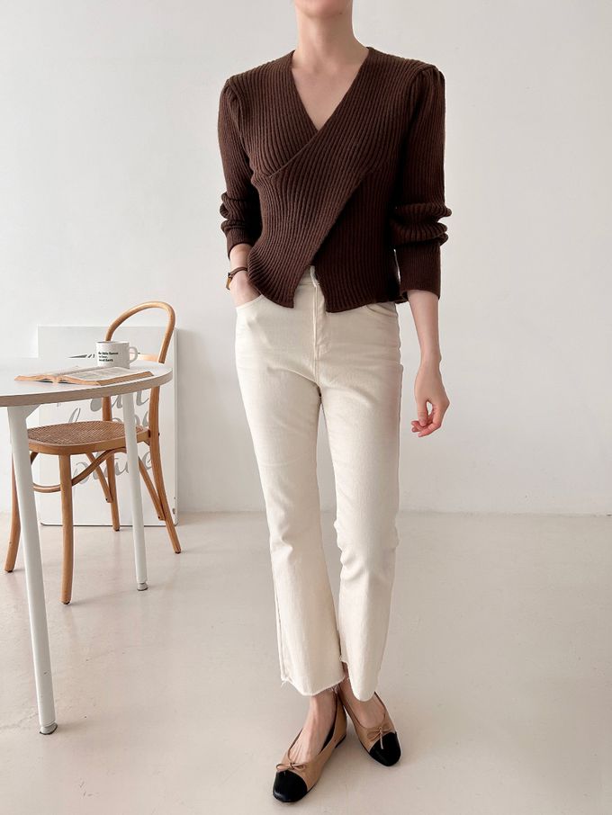 韓國女裝連線 - X交叉設計彈性坑條針織上衣-粉 (FREE)