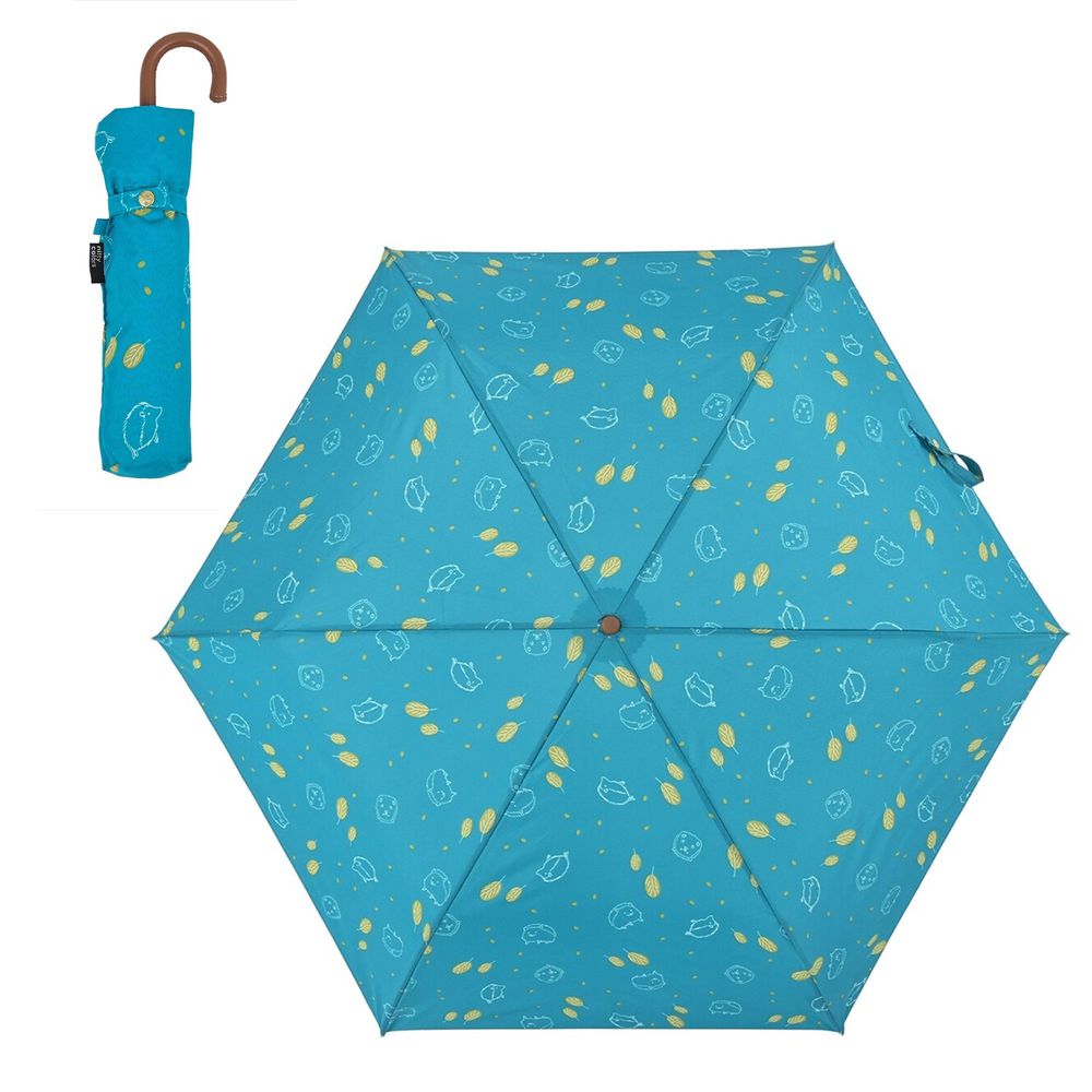 日本 nifty colors - 抗UV輕量 晴雨兩用折疊傘-刺蝟小森林-藍綠 (直徑90cm/168g)-80.00%