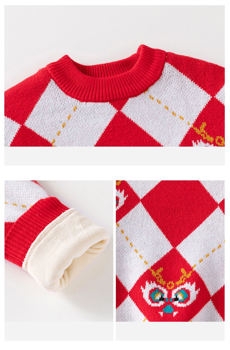 (加絨)喜氣拜年圓領針織長袖毛衣-福氣龍-紅+白