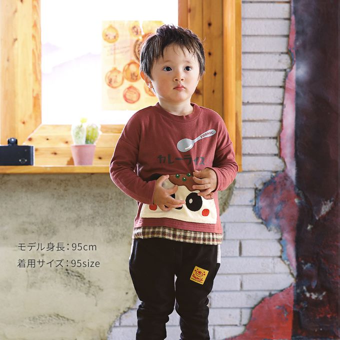 日本 ZOOLAND - 俏皮印花格紋拼接長袖上衣-療癒咖哩飯-酒紅