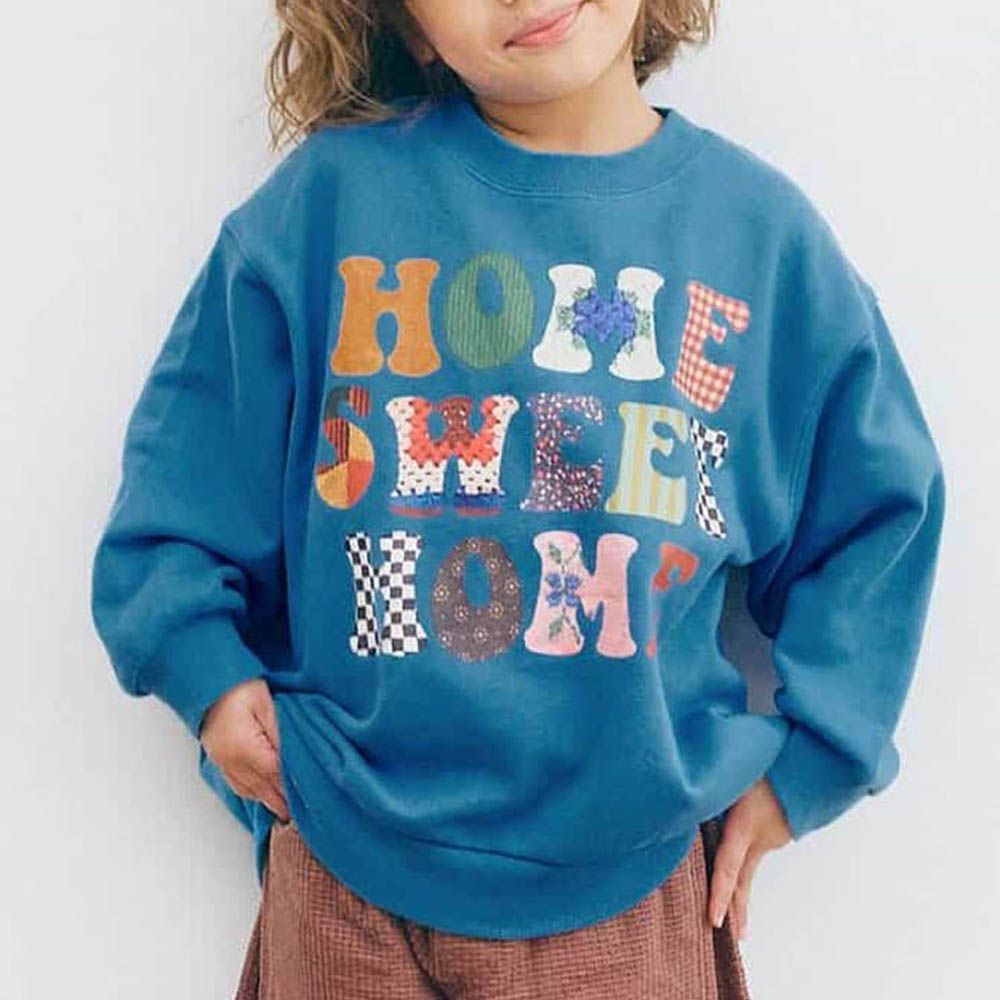 100%棉 英文LOGO印花縮口長袖上衣-藍