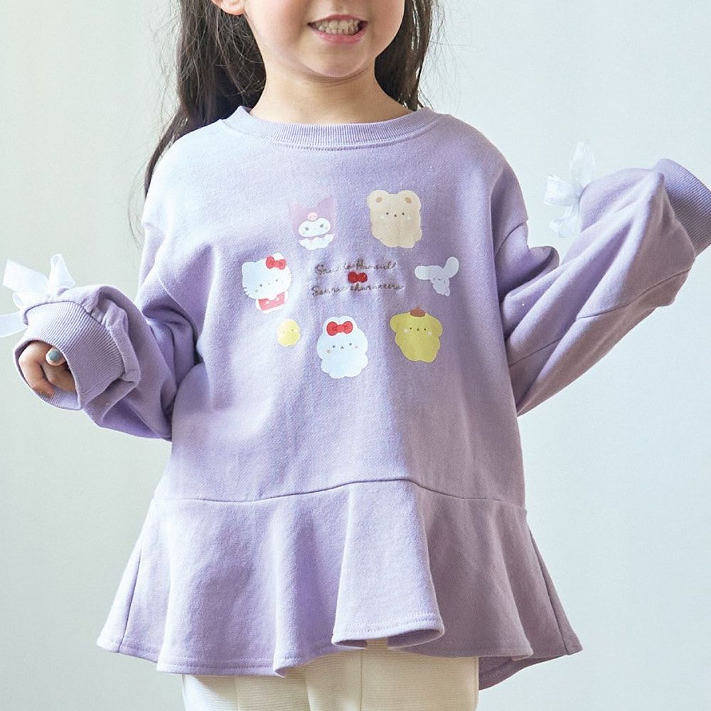 聯名款 可愛荷葉邊印花長袖上衣-卡通人物三麗鷗-紫