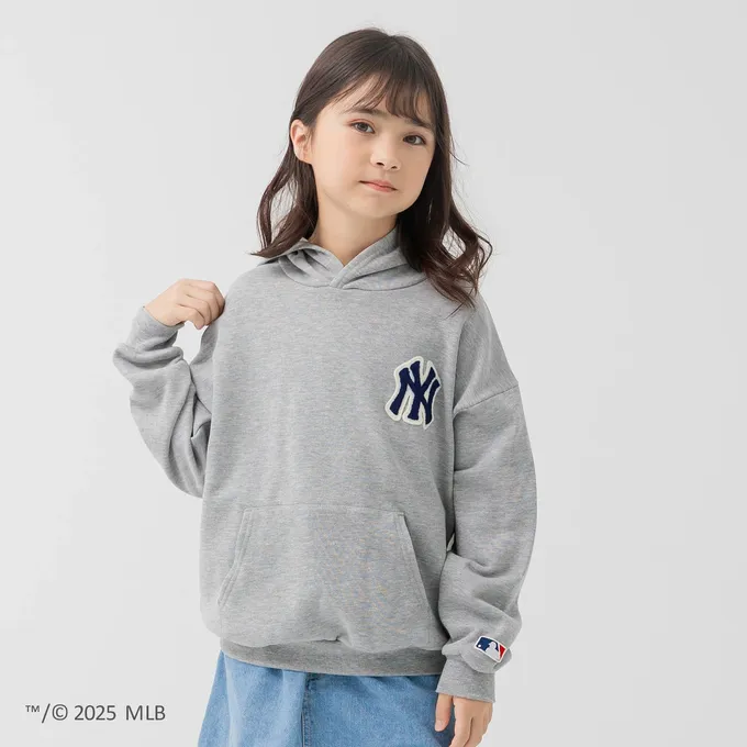 日本 Chil2 - MLB聯名 立體刺繡連帽長袖上衣-紐約洋基-灰