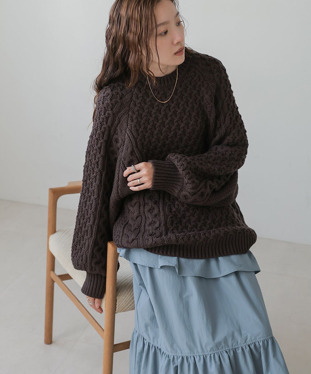 日本 Bab - 麻花編織大寬袖針織上衣-炭灰