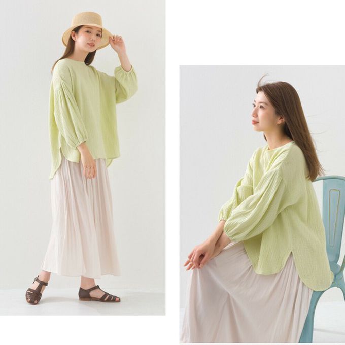 日本 OMNES - 100%印度棉 簡潔二重紗澎袖上衣-深藍格紋