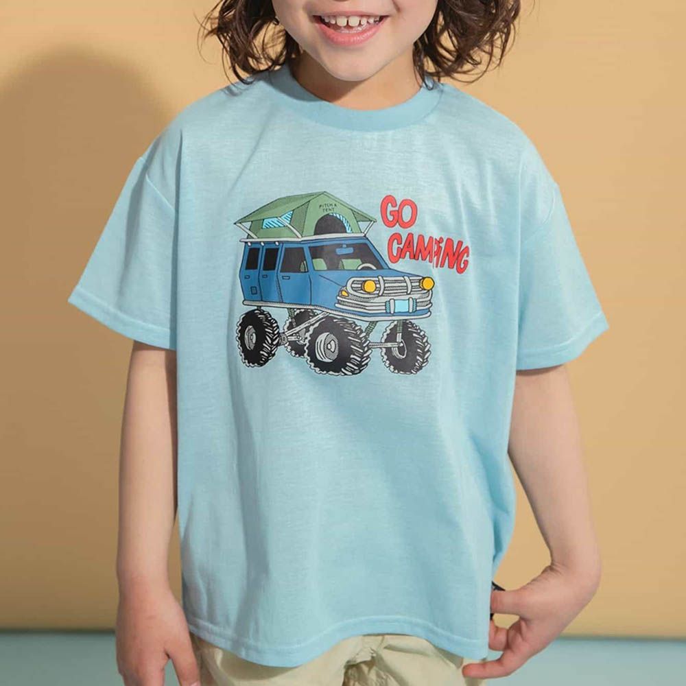 速乾舒適印花短袖上衣-露營車車-水藍