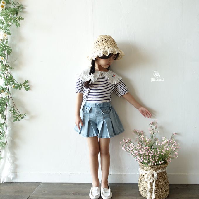 韓國 Jmsnail - 鬆緊腰少女感口袋百摺褲裙-細條紋