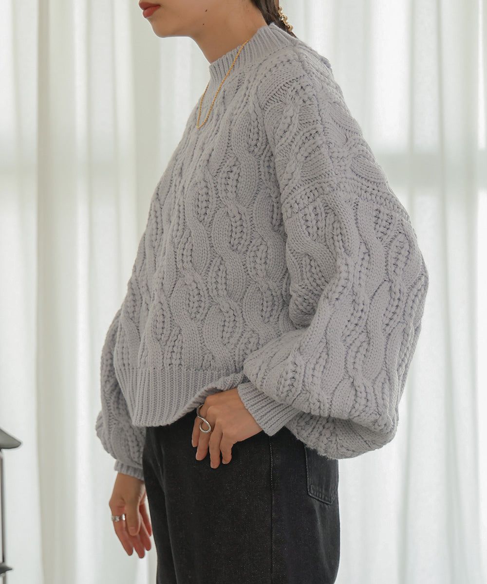 日本 Bab - 麻花編織圓領泡泡袖毛衣-粉膚