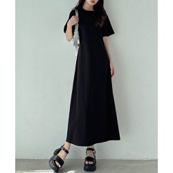 日本 GRL - 修身A字露腰休閒感洋裝-黑 (F)