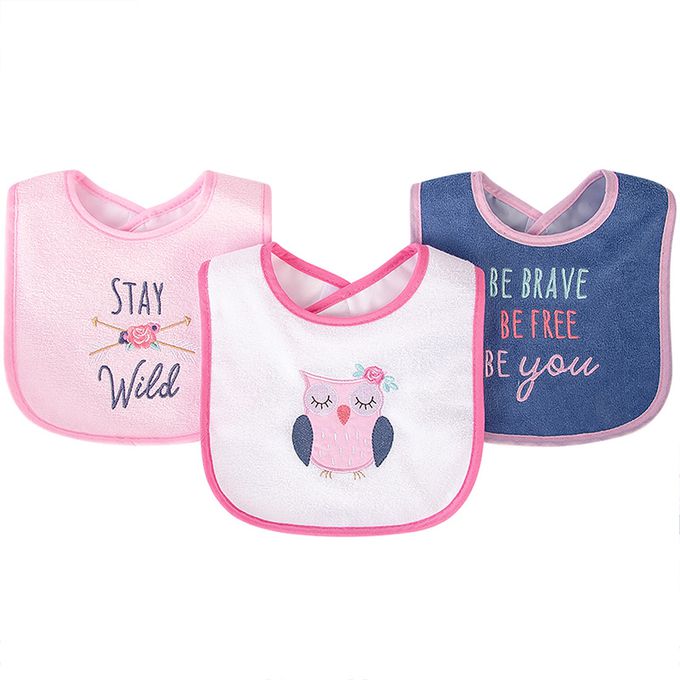 美國 Luvable Friends - 甜蜜寶貝嬰幼兒口水巾圍兜3入組(上層棉質吸水/底層防水)-優雅貓頭鷹