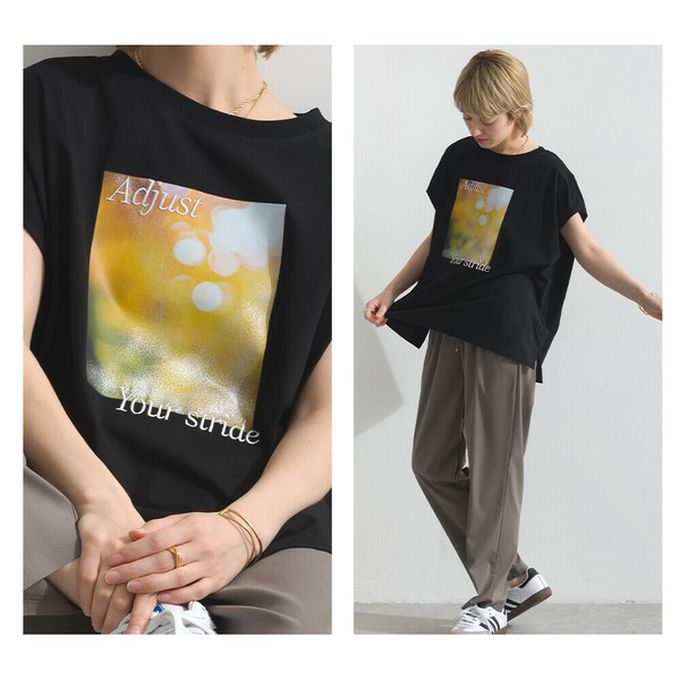 日本 le colis - 接觸冷感 光暈印花法式袖T恤-黑