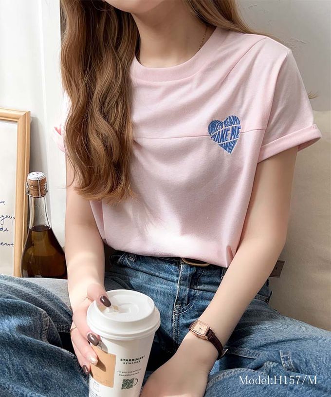 日本 Classical Elf - 經典胸前愛心刺繡短袖上衣-炭灰