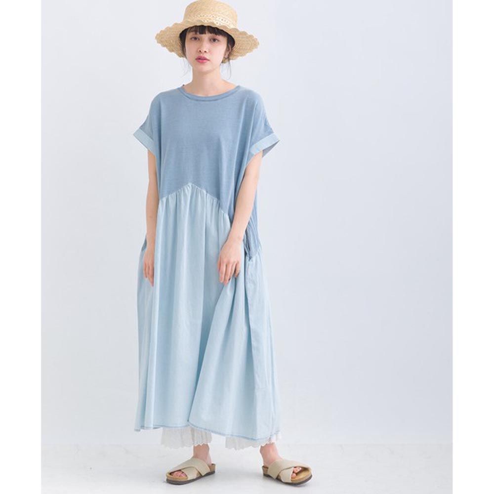 日本 Lupilien - [人氣款] 顯瘦雙色拼接純棉洋裝-水藍