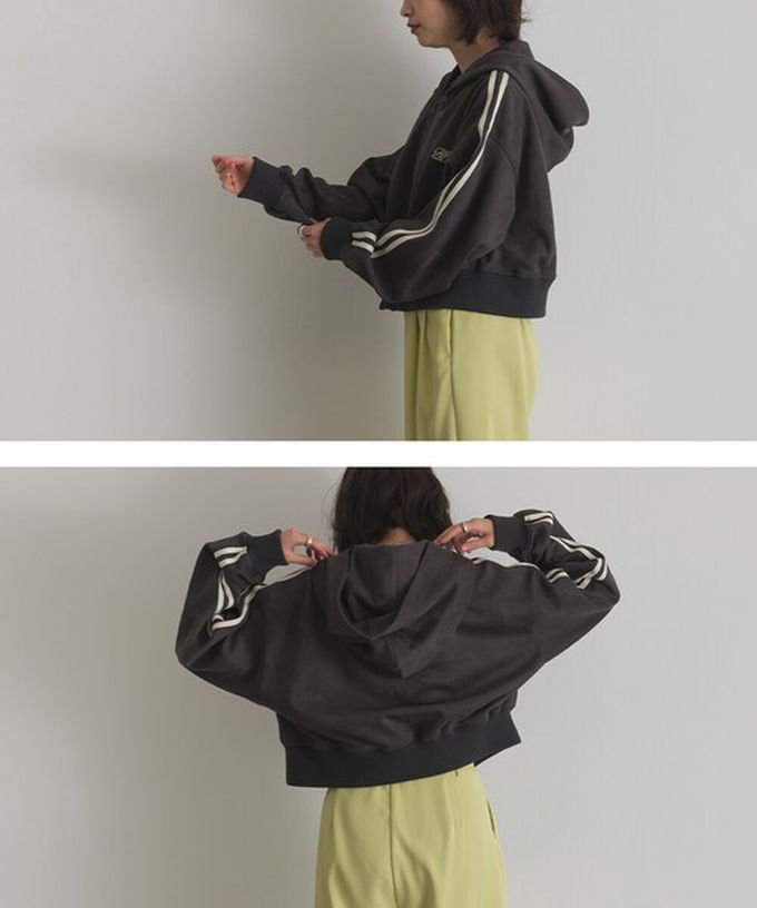 日本 ELENCARE DUE - 麂皮俐落雙拉鍊短版連帽外套-炭灰x米杏邊