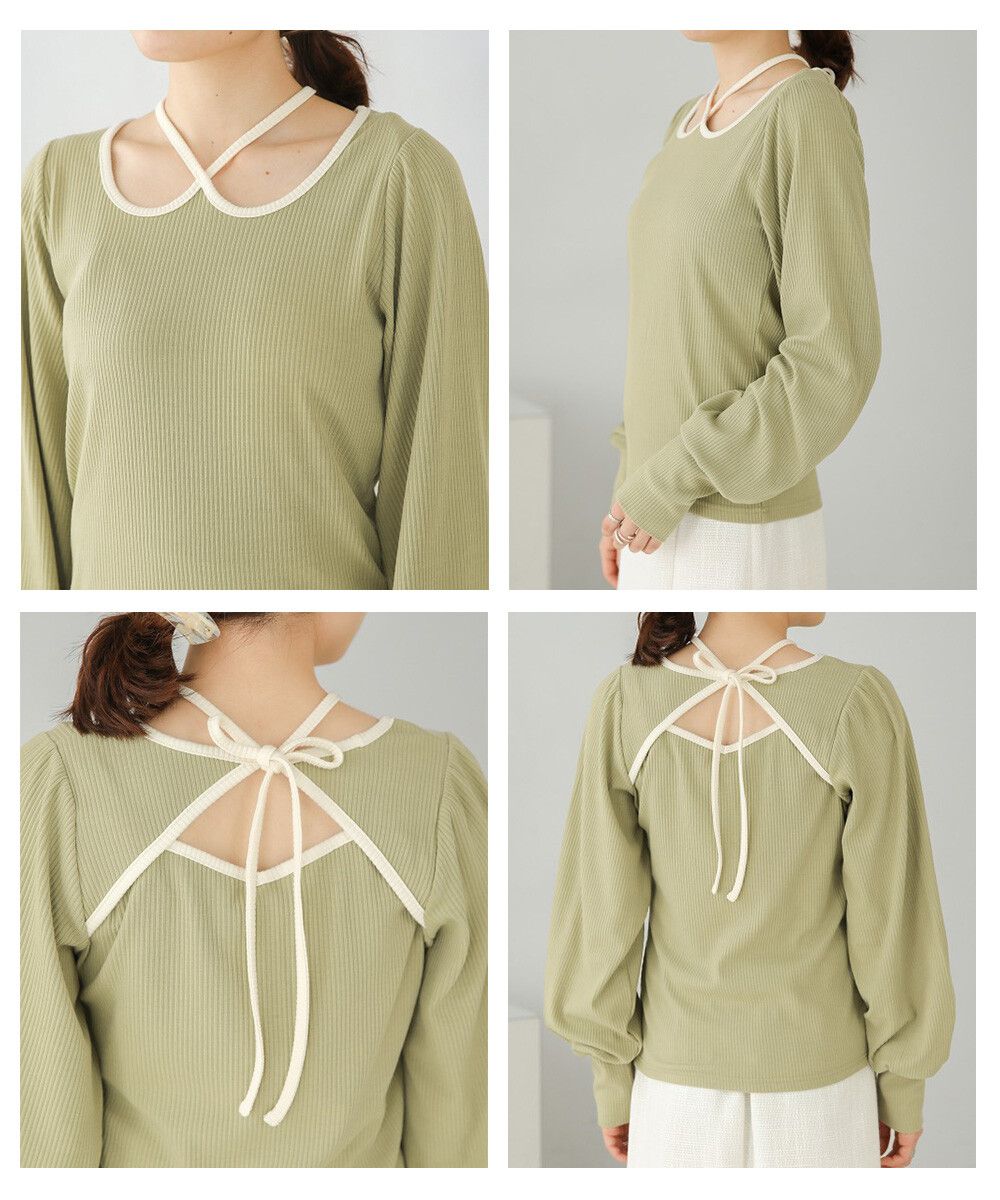 日本 Bab - 2WAY氣質綁帶羅紋泡泡袖上衣-米杏