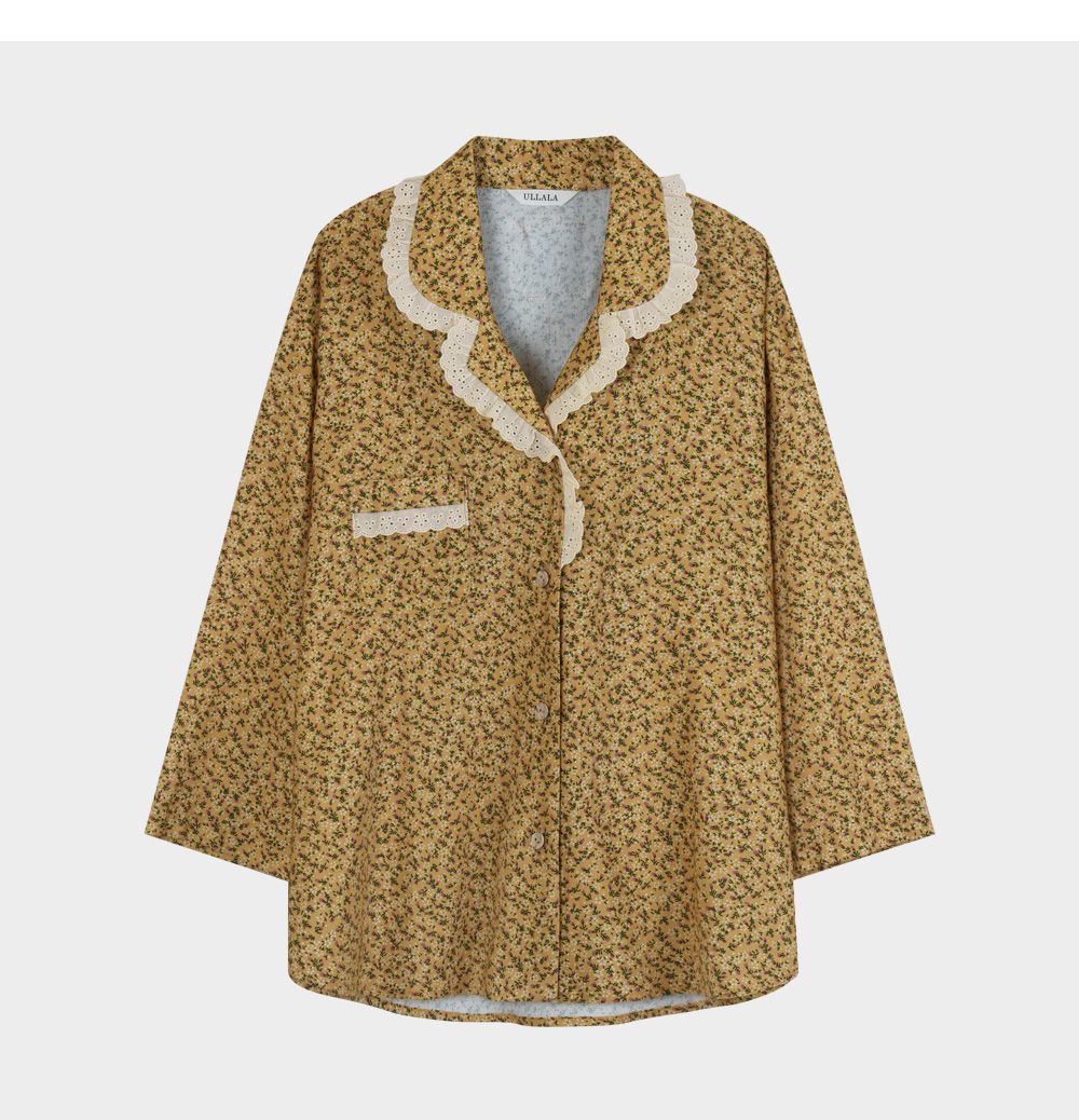 韓國 ULLALA - 活力暖黃碎花長袖睡衣-(兩件式)-黃 (FREE)