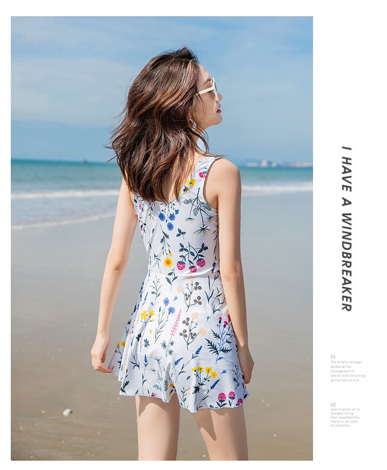 碎花遮肚修身顯瘦無袖連身泳衣-白色