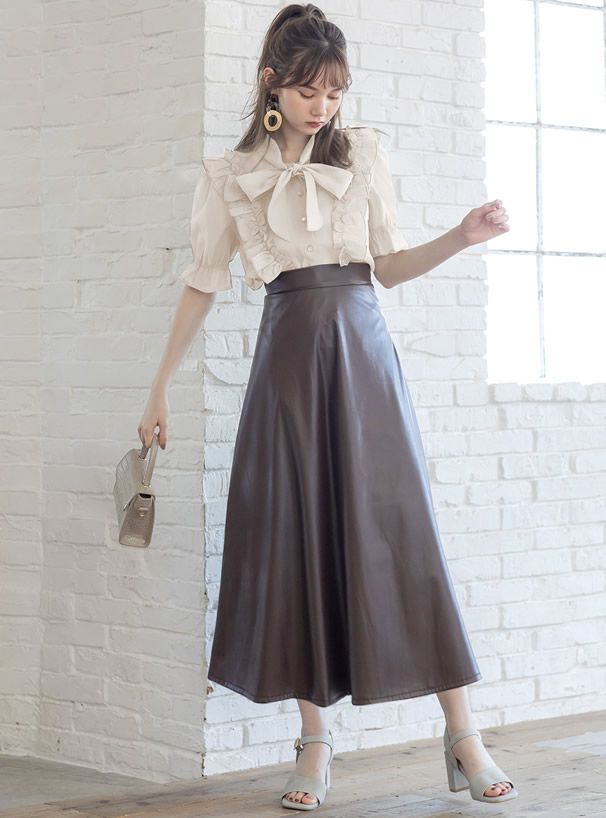 日本 GRL - 純棉優雅荷葉邊蝴蝶結綁帶短袖襯衫-莫蘭迪綠