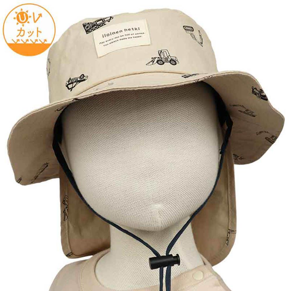 漁夫帽-滿版印花 附防曬遮陽布-淺卡其色