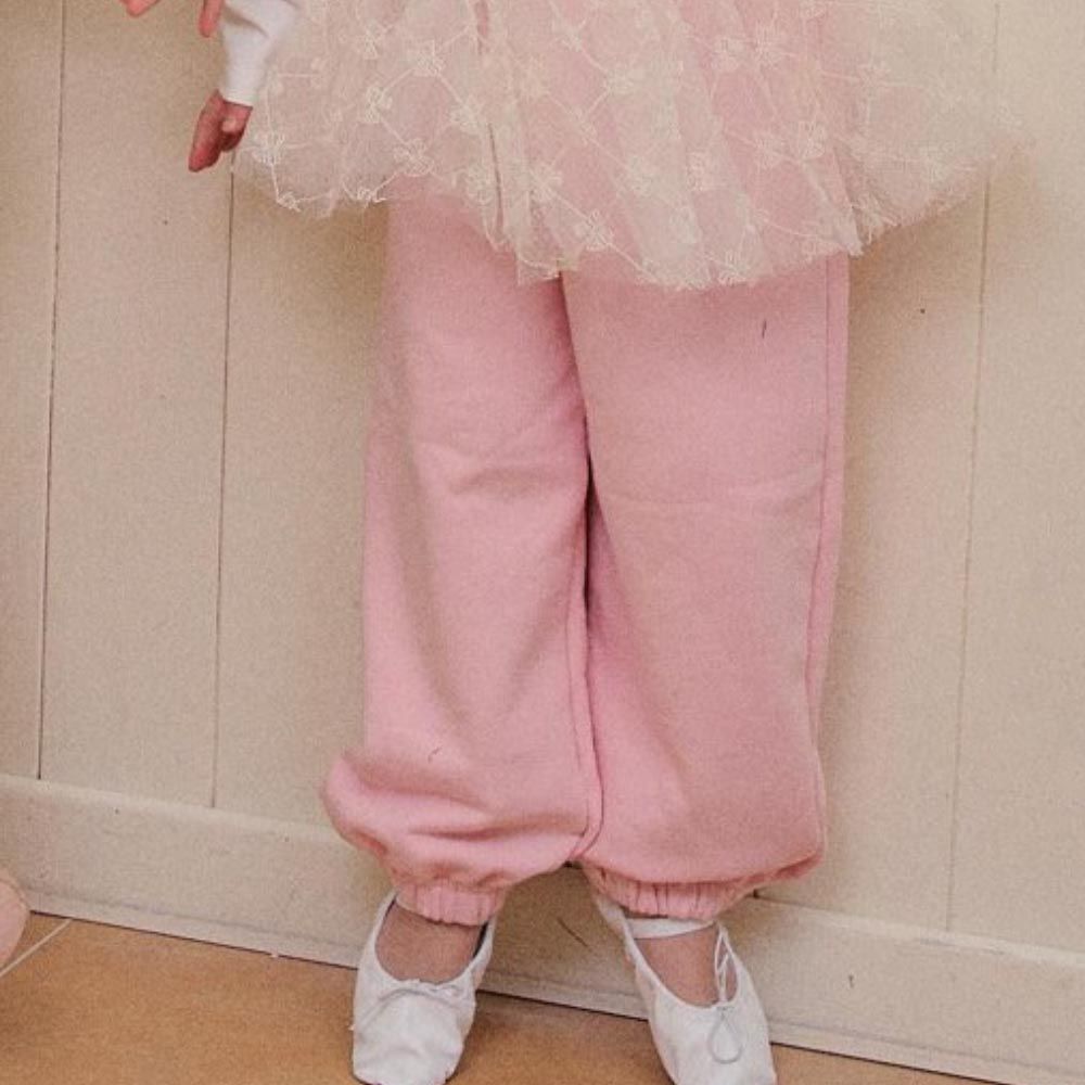 韓國 Mollybin - 鬆緊腰層次蕾絲點綴縮口長褲-粉紅