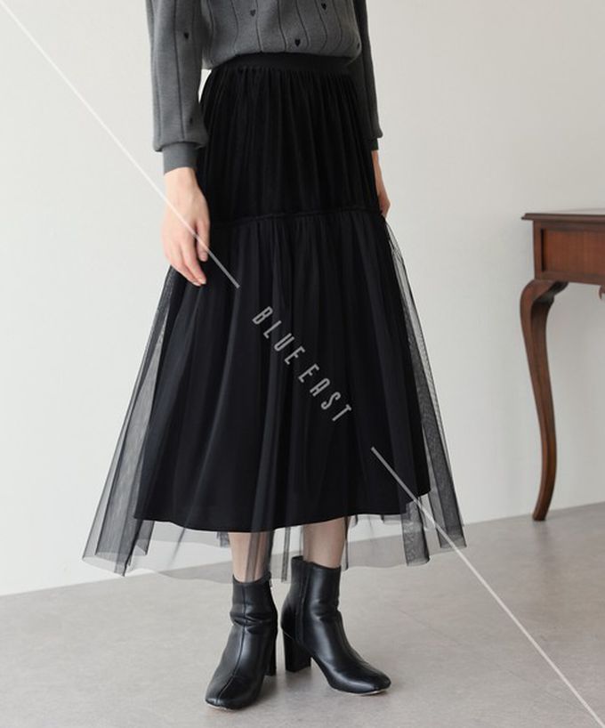 日本 BLUE EAST - 薄紗絲絨拼接飄逸長裙-(可選長度)-深藍