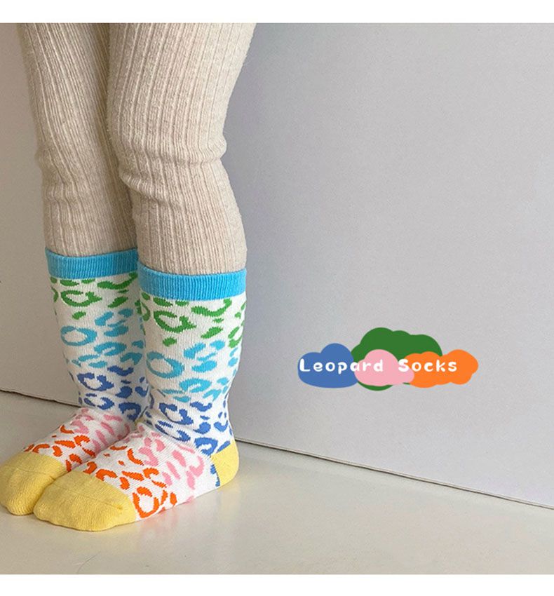 兒童中筒襪 (三入一組)-1097彩虹豹纹襪