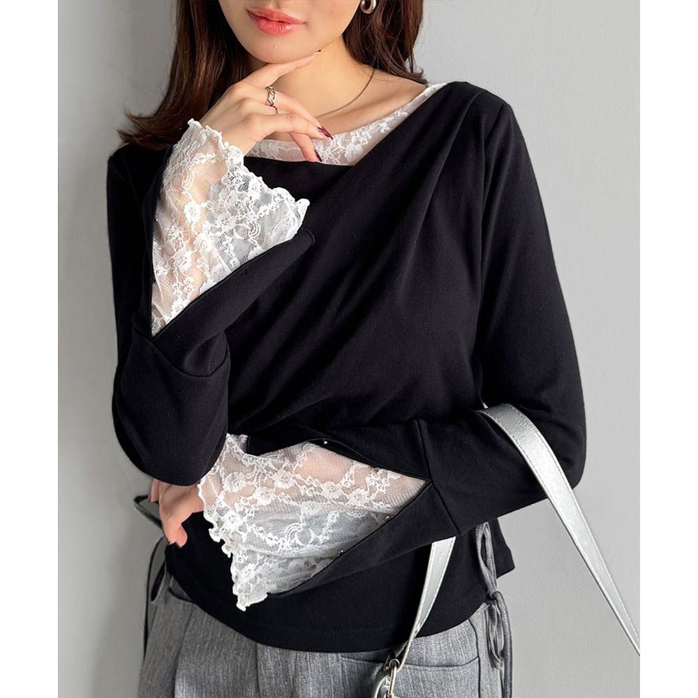 蕾絲皺摺美型喇叭袖上衣-黑
