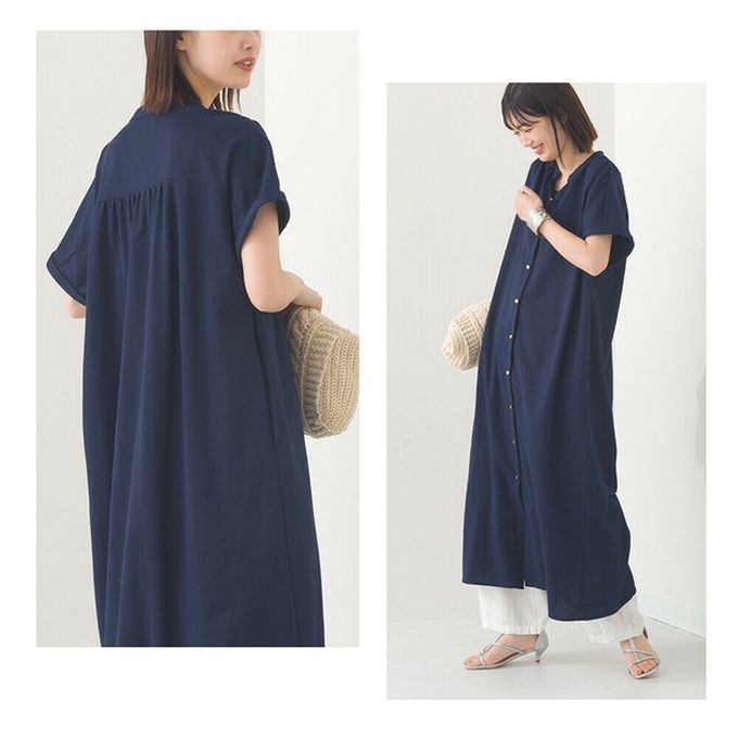 日本 OMNES - 接觸涼感 氣質金釦襯衫式短袖洋裝-白