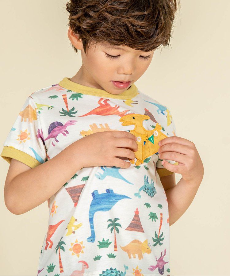 日本 BIT'Z - 水彩風滿版恐龍短袖上衣-胸口翼手龍-米黃