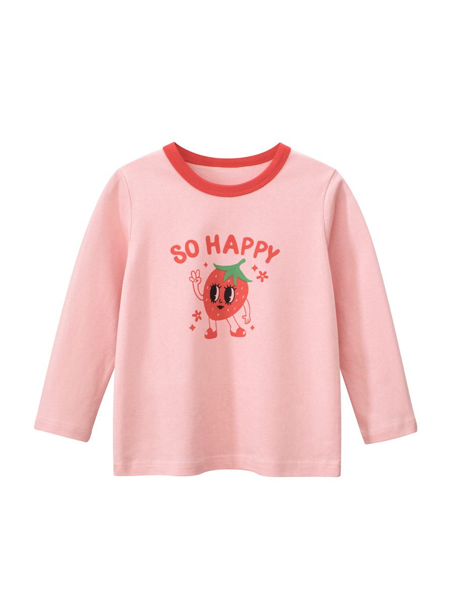 純棉圓領薄長袖上衣-大眼睛草莓-粉色
