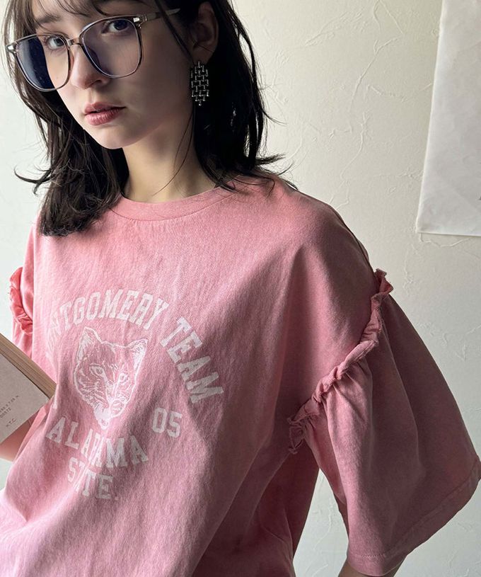 日本 Classical Elf - 貓科酷印花寬大荷葉五分袖上衣-炭灰