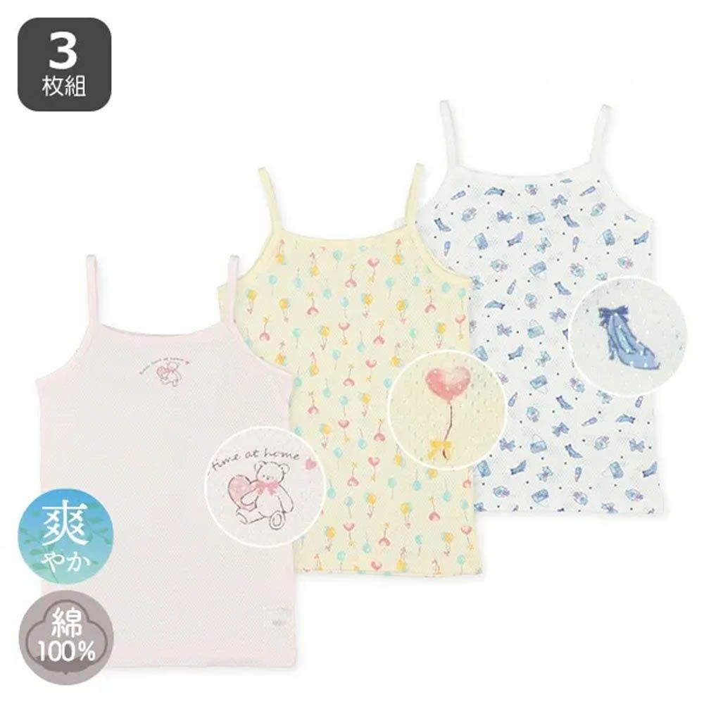 純棉 網眼涼爽背心內衣(3件組)-熊x氣球x玻璃鞋-粉紅x黃x白