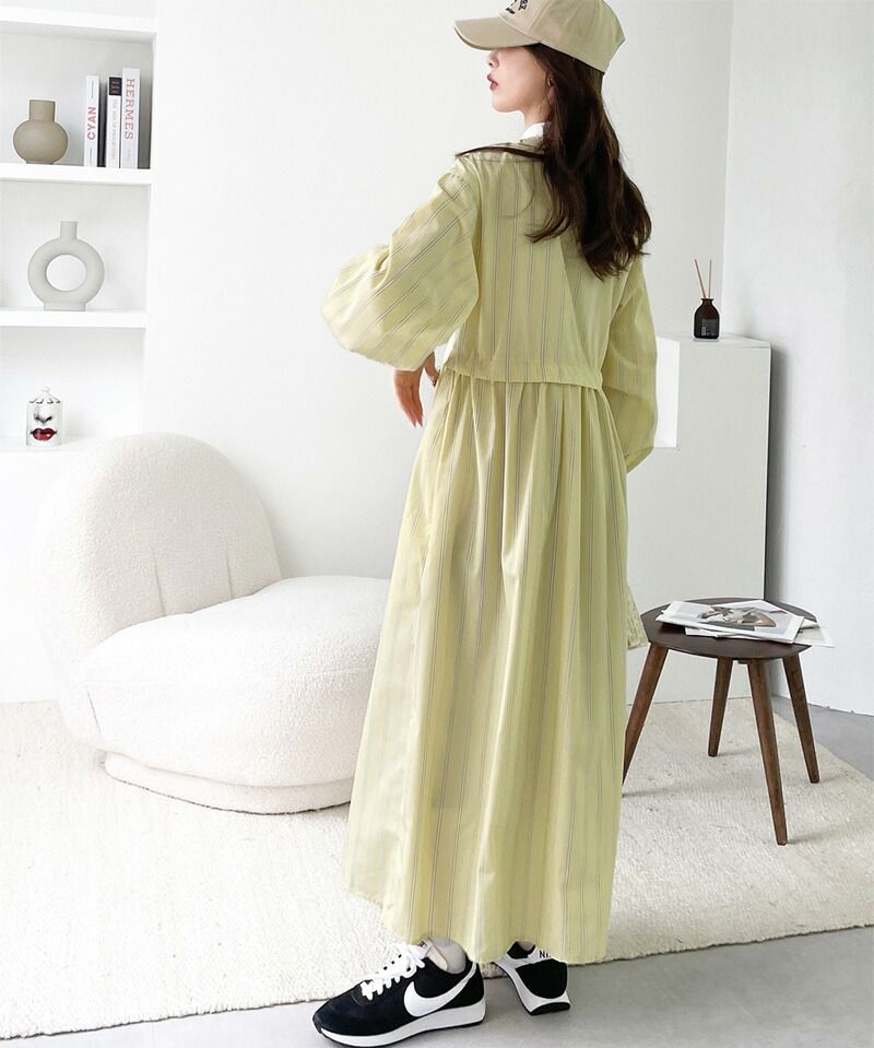 日本 Classical Elf - 修身立領泡泡袖襯衫洋裝-直條紋-海軍藍