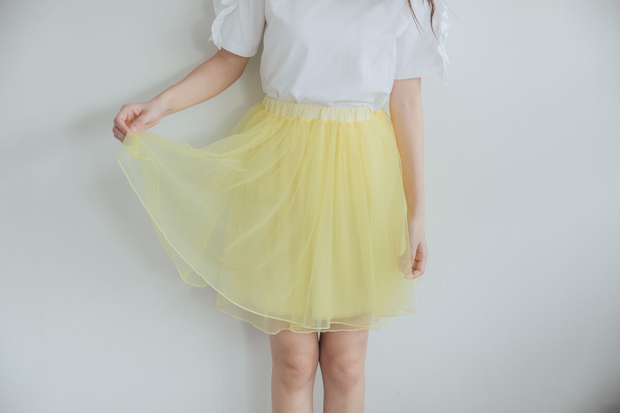 Peachy - 獨家訂製綿柔空氣紗裙-短裙款-嫩鵝黃 (F)