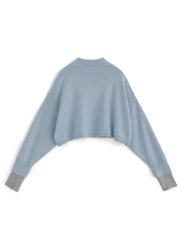 日本 GRL - 假兩件針織短版長袖上衣(附指穴)-寶貝藍x淺灰 (F)