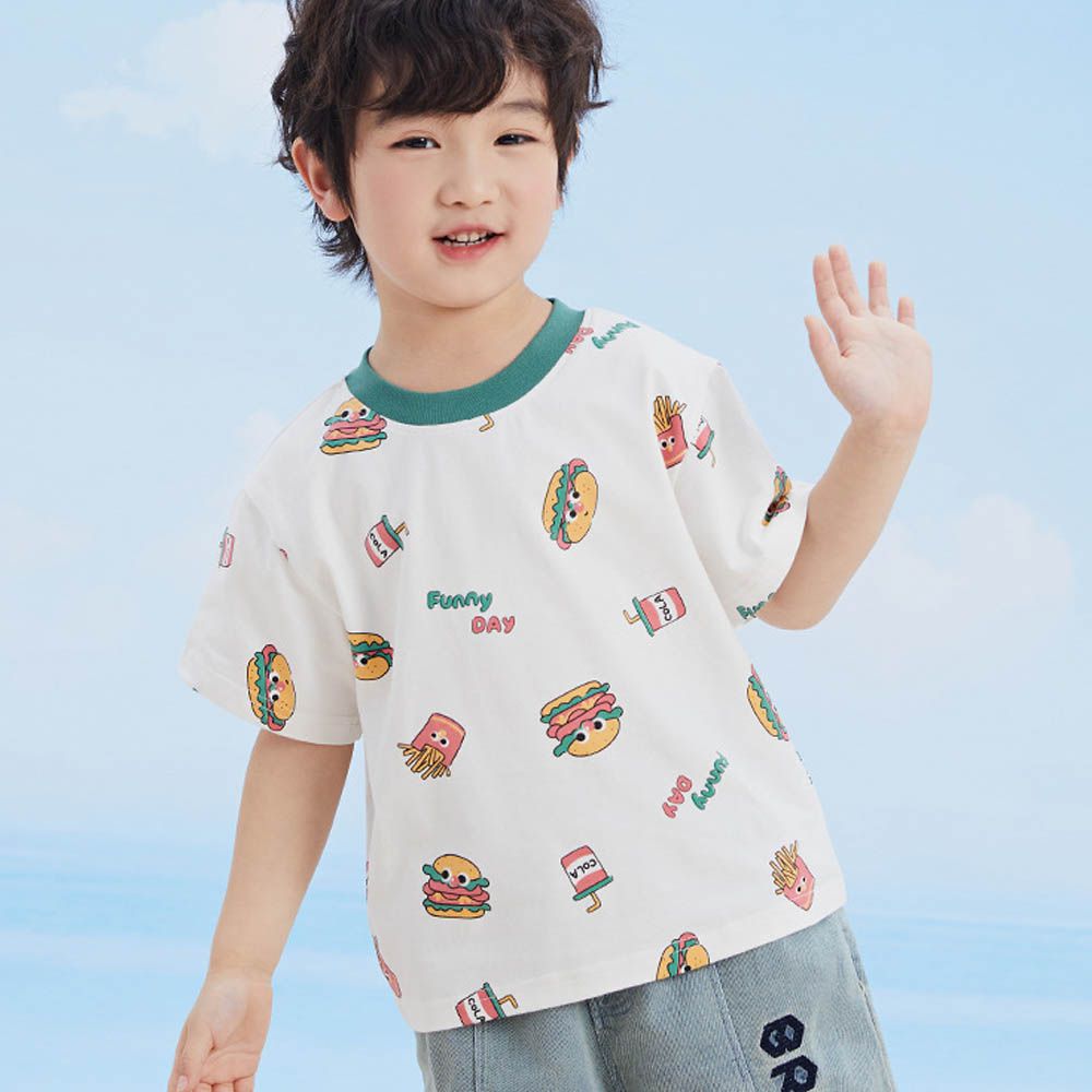 純棉圓領短袖上衣-漢堡薯條-米白