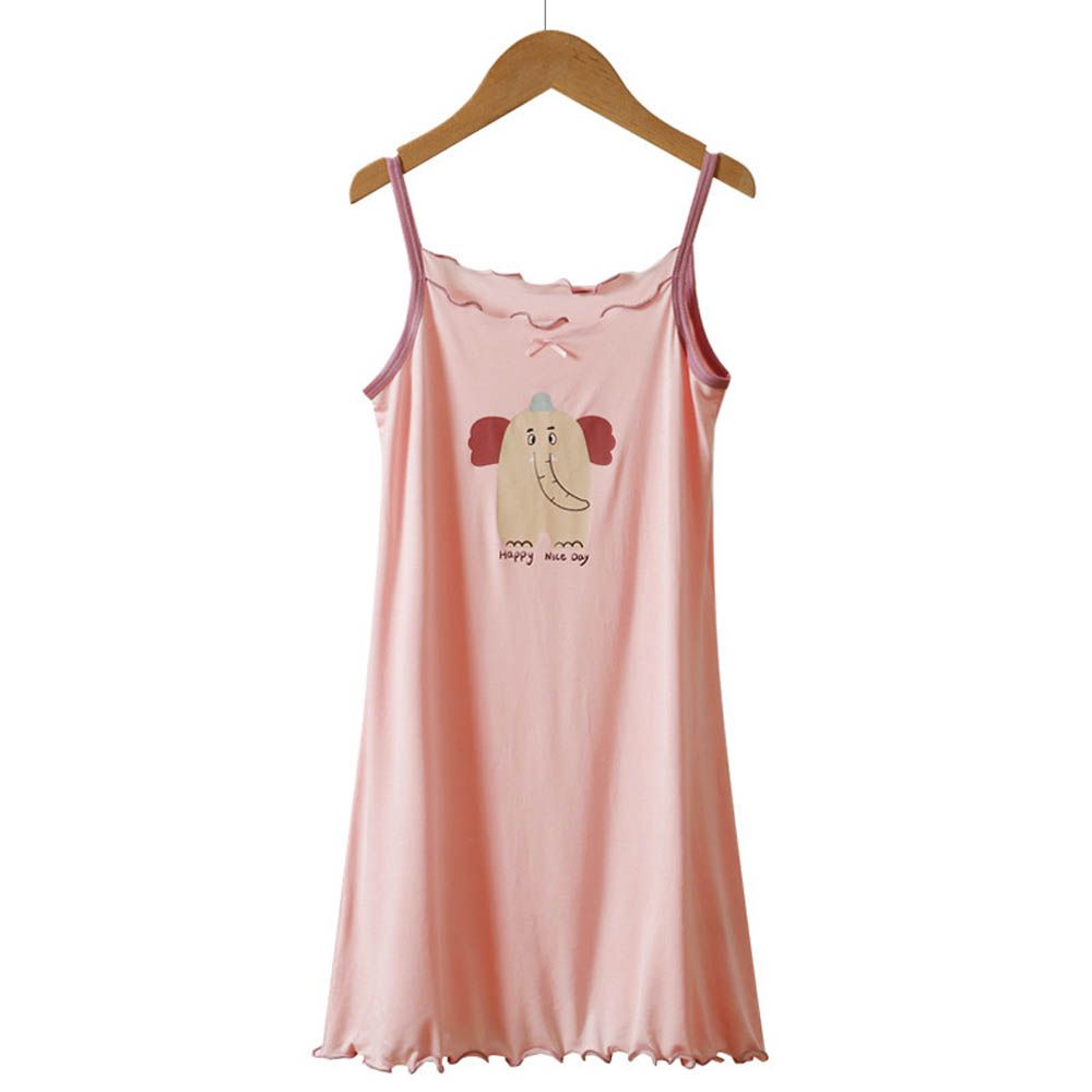 涼感莫代爾細肩帶連身睡裙/家居服-大象-粉色