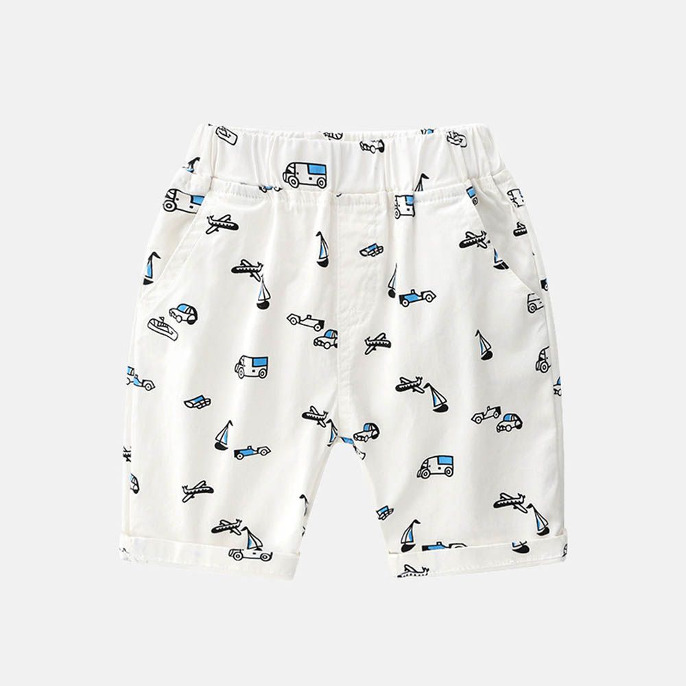 腰鬆緊休閒五分褲-交通工具-白色