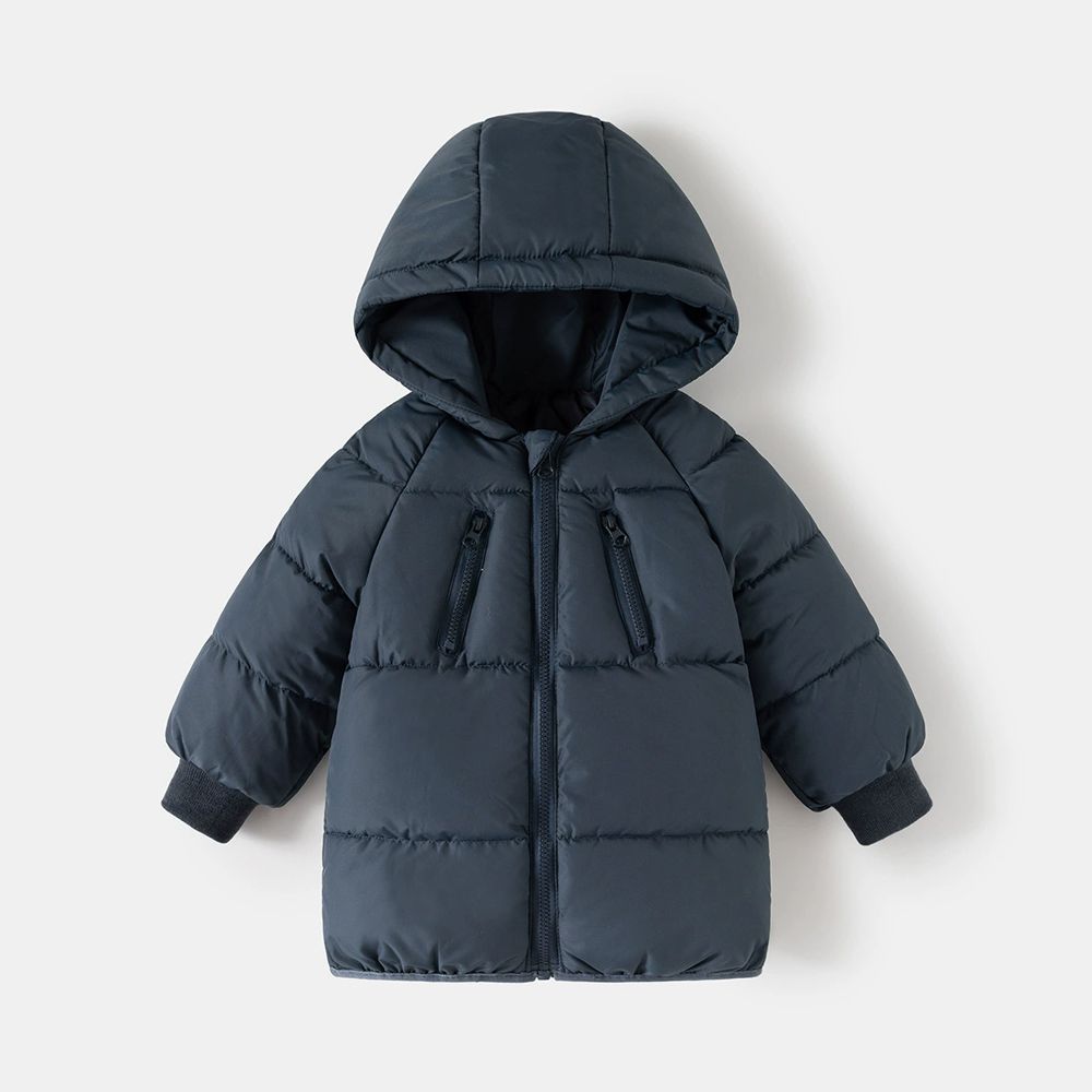 中長款保暖鋪棉連帽外套-藏青