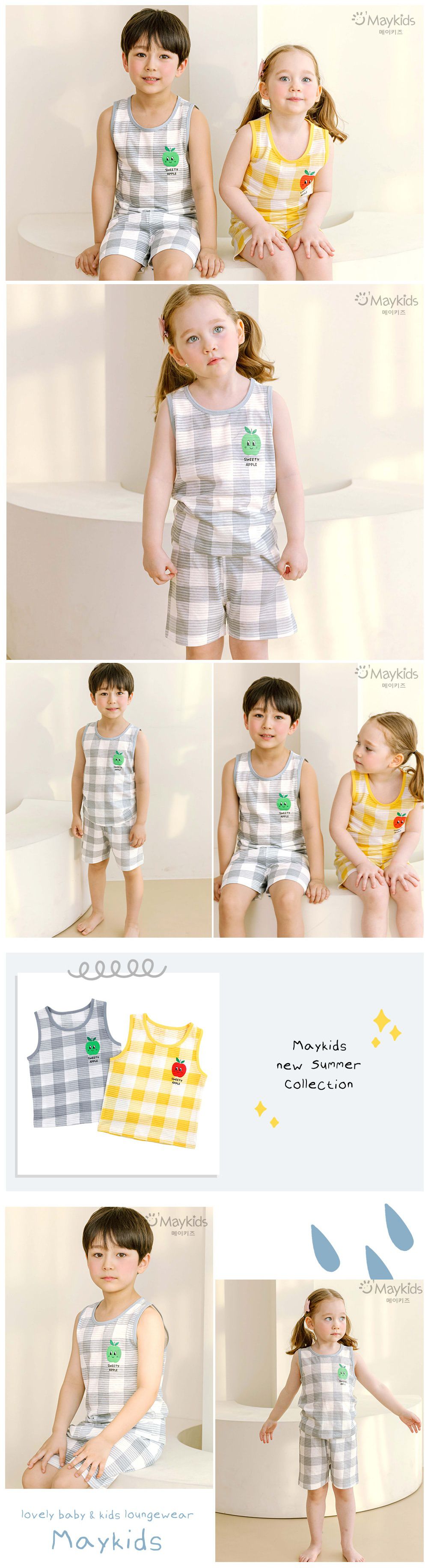 韓國 Maykids - 有機棉透氣輕薄無袖家居服-格子青蘋果