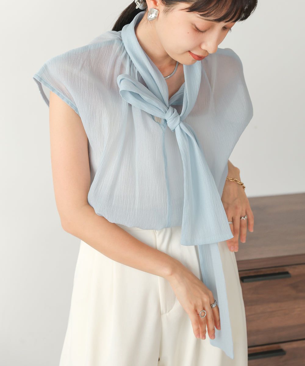 日本 Bab - 歐根紗紐結法式袖上衣-白