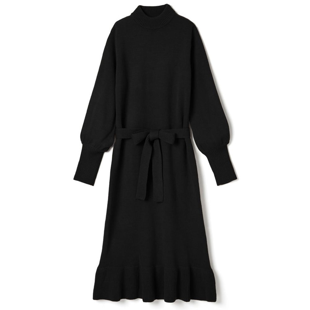 日本 GRL - 針織蝴蝶結綁帶荷葉擺洋裝-時尚黑