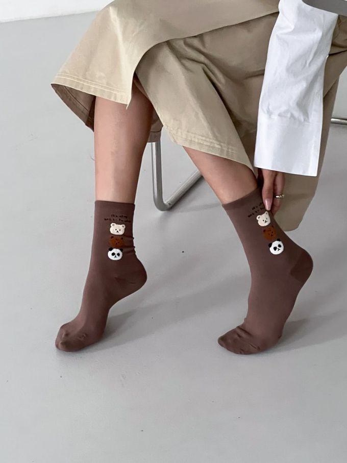 韓國Marian - 三隻毛毛熊中筒襪-棕色 (Free)